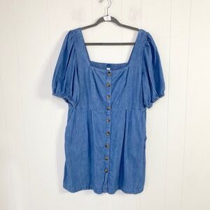 Old Navy Denim Mini Dress XL Blue Button Front Puff Sleeve‎ Square Neck Chambray